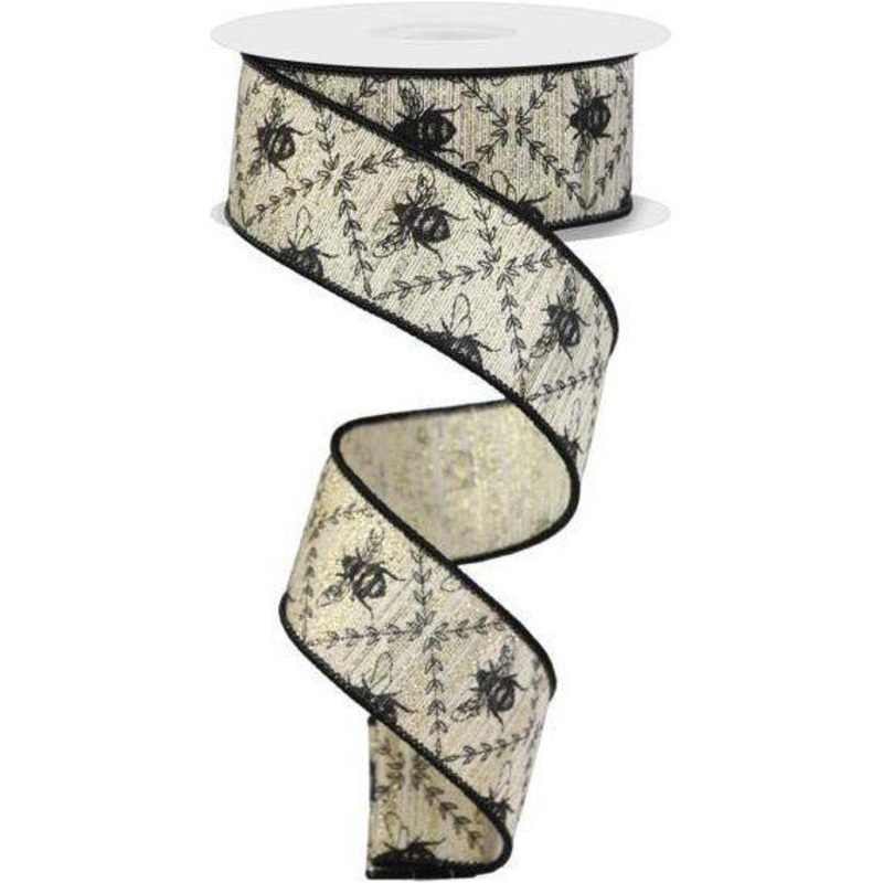 1.5″ Honey Bee Trellis On Metallic Ribbon: Gold (10 Yards)