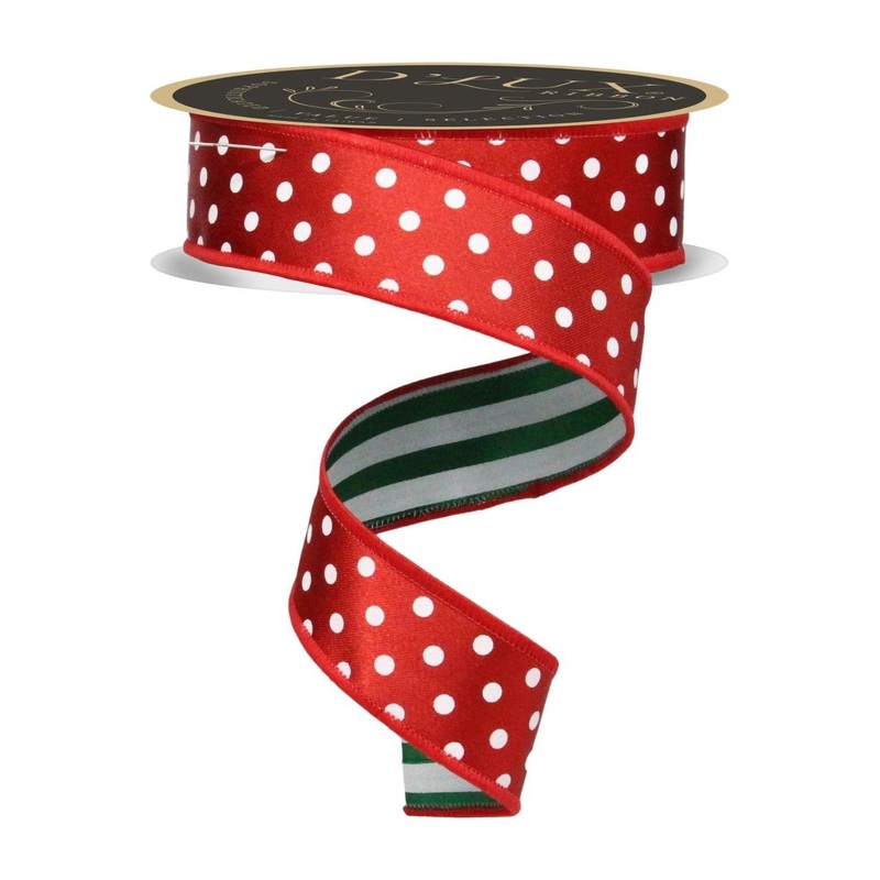 1.5″ Polka Dot Striped Fused Ribbon: Red/Green/White (10 Yards)