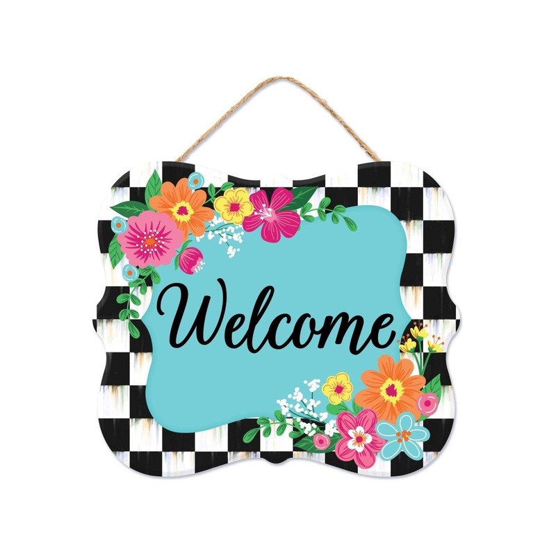10″ Scalloped Wooden Sign: Welcome Blue Checker