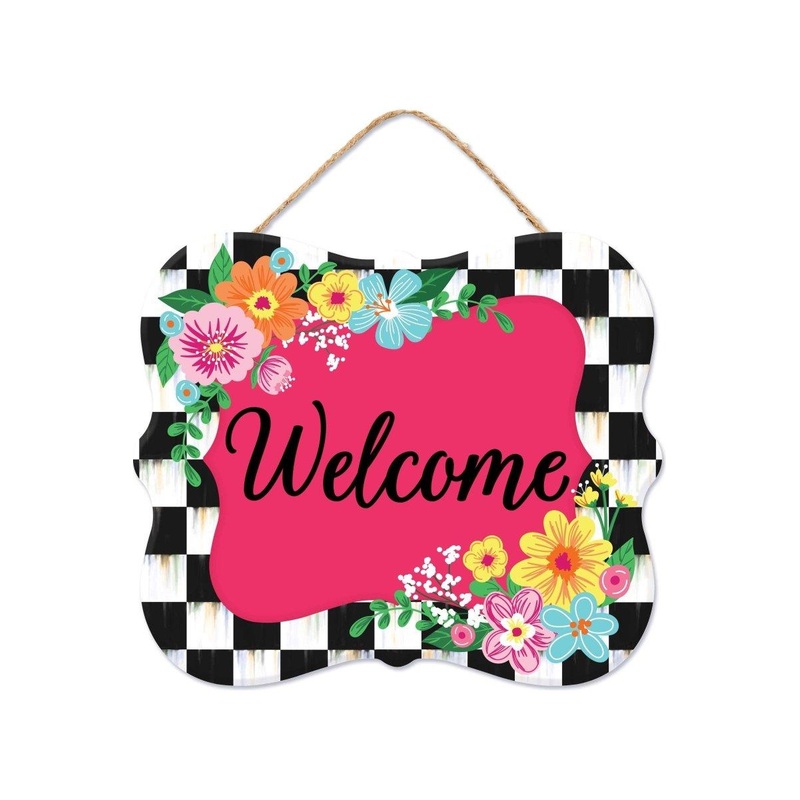 10″ Scalloped Wooden Sign: Welcome Hot Pink Checker