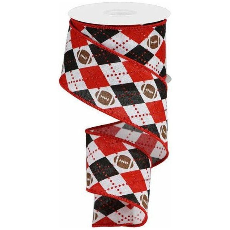 2.5″ Argyle Footballs Ribbon: Red & Black (10 Yards)