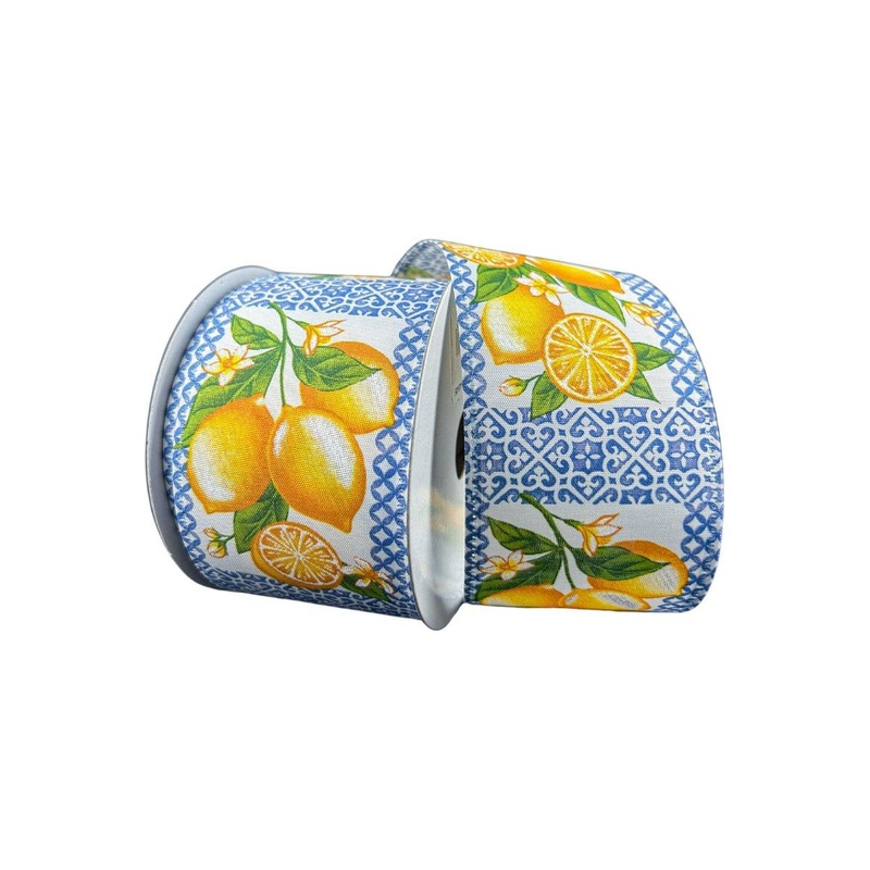 2.5″ Blue Tile Squares Lemon Ribbon (10 Yards)