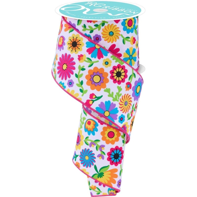 2.5″ Fiesta Florals Ribbon: White (10 Yards)