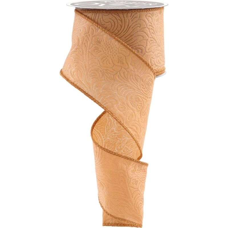 2.5″ Flower Embossed Ribbon: Caramel (10 Yards)
