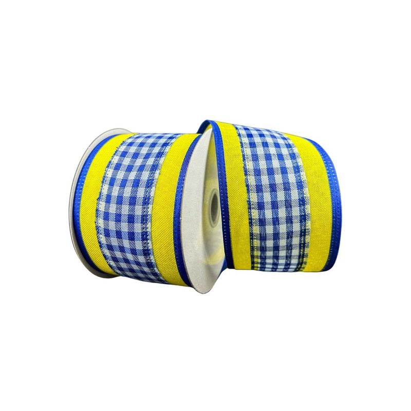 2.5″ Gingham Linen Edge Ribbon: Blue/Yellow (10 Yards)
