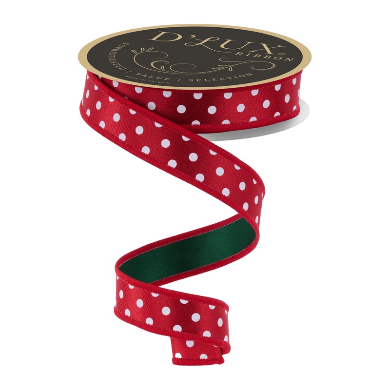 7/8″ Small Polka Dot Fused Ribbon: Green/Red (10 Yards)