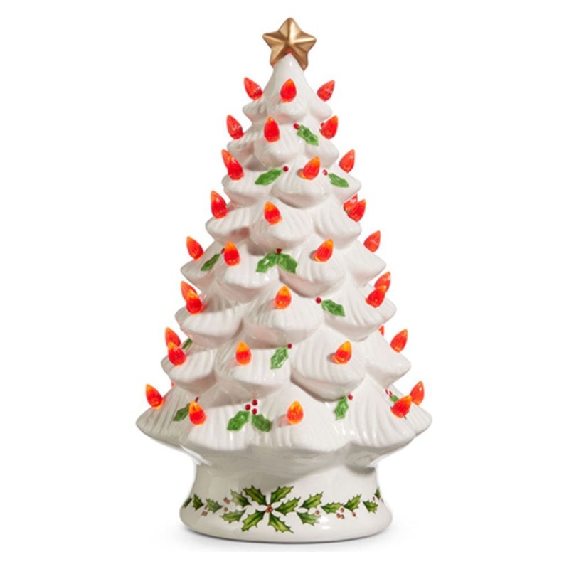 13″ Lighted Vintage Holly Ceramic Tree