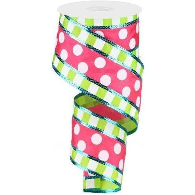 2.5″ Striped Edge Polka Dot Ribbon: Pink, Lime Green, & White (10 Yards)