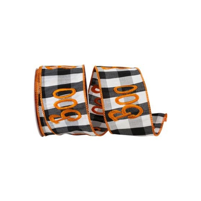 2.5in Boo Embroidered Check Wired Ribbon (10 Yards)