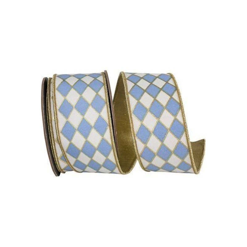 2.5in French Blue Gold Trim Harlequin Ribbon (10 Yards)