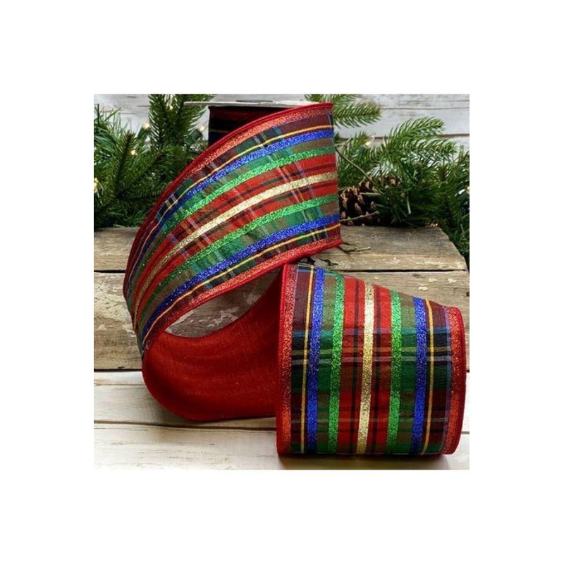 4″ Dupion Traditional Plaid Glitter Ribbon: Red, Green & Blue (5 Yards)