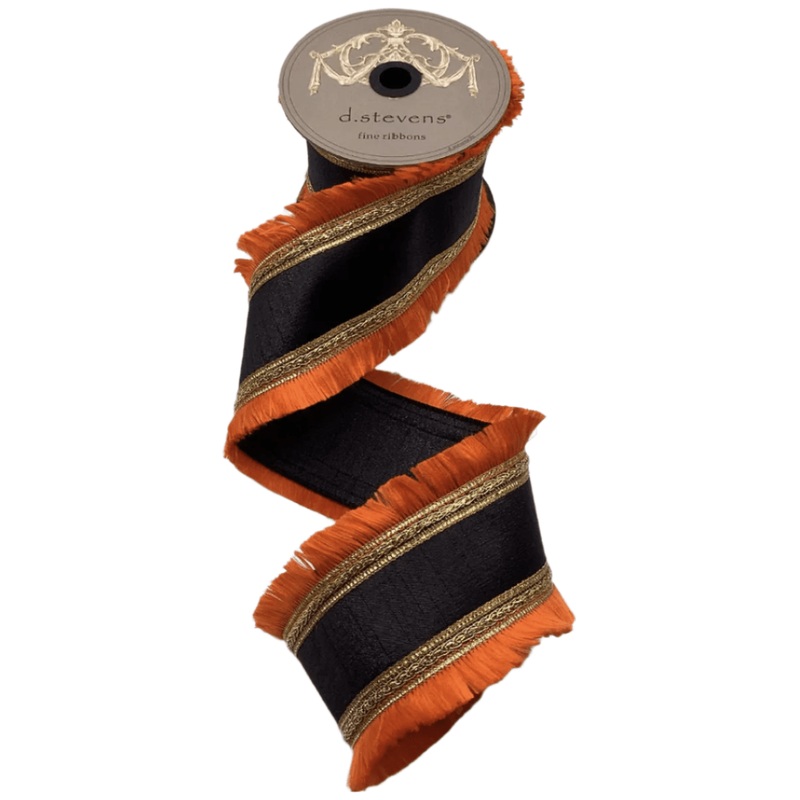 4″ Metallic Dupion Fringe Ribbon: Orange/Black (10 Yards)