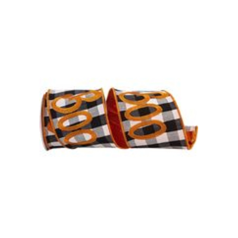 4in Boo Embroidered Check Wired Ribbon (5 Yards)