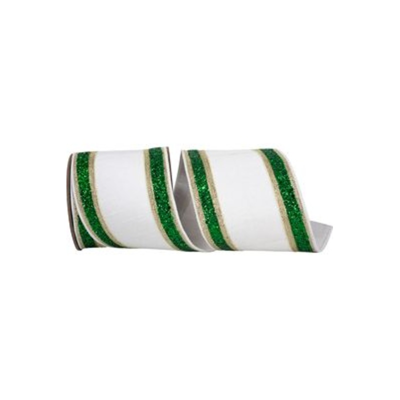 4in Dupioni Regalia Glitter Ribbon: Green/White (5 Yards)