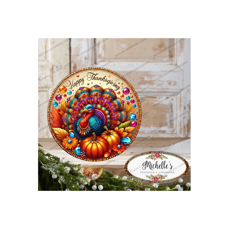 Happy Thanksgiving Jewel Turkey Round Sign