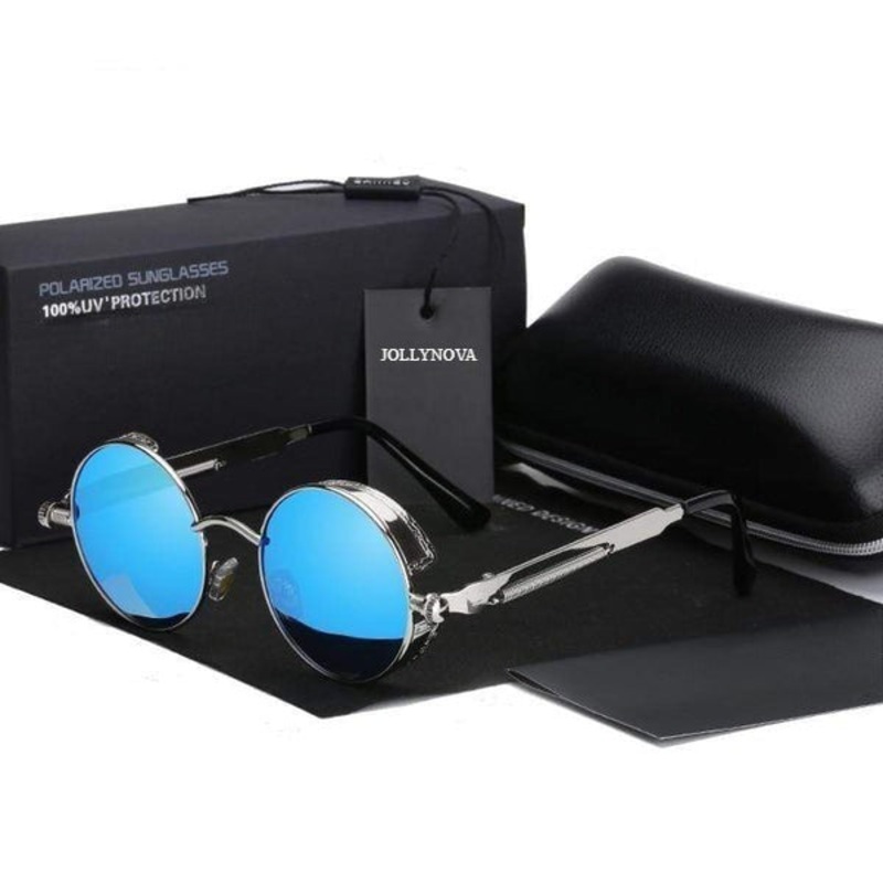 Men’s Retro Round Metal HD Polarized Punk Steampunk Sunglasses