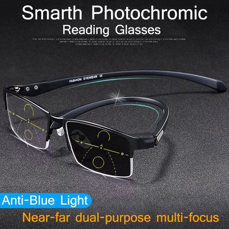 MEN’S TITANIUM MULTI-FOCUS READING GLASSES PHOTOCHROMIC PROGRESSIVE DOUBLE LIGHT ANTI-BLUE LIGHT
