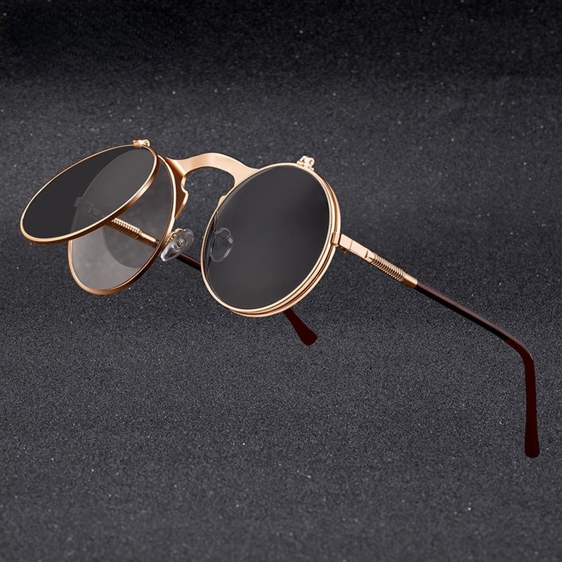 Vintage Steampunk Flip Sunglasses Retro Round Metal Frame Sun Glasses for Men Women Brand Designer Circle Glasses