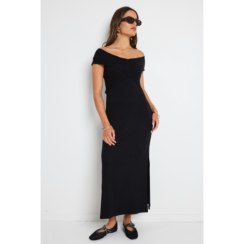 Alfa Black Rib Off Shoulder SS Midi Dress