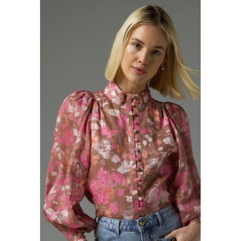 Atlas Blush Blur Front Button LS Blouse