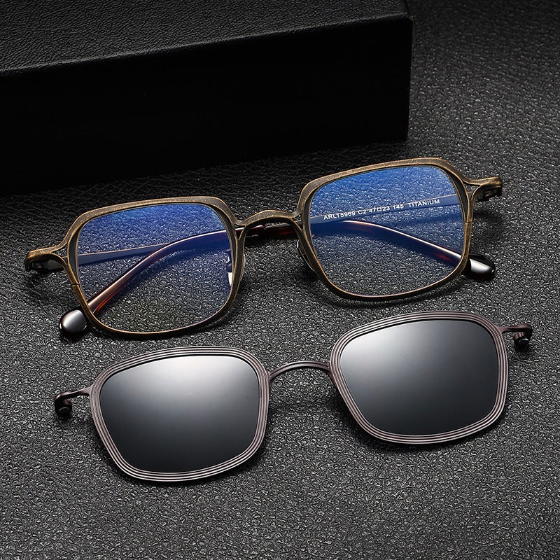 Chez Square Titanium Glasses Frame With Magnetic Sunglasses Clips