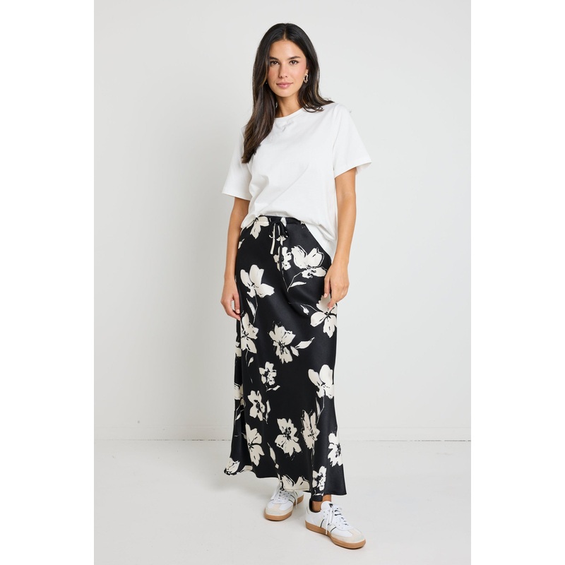 Critical Black Floral Satin Tie Waist Bias Maxi Skirt
