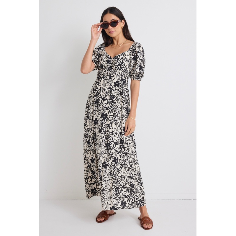 Endearing Cream & Black Floral Smocked Bodice SS Midi Dress