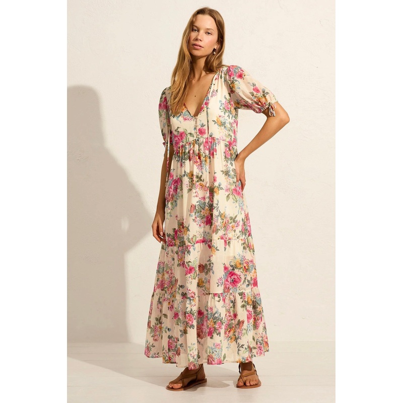 Evie Off White Floral Puff Sleeve Midi Dress