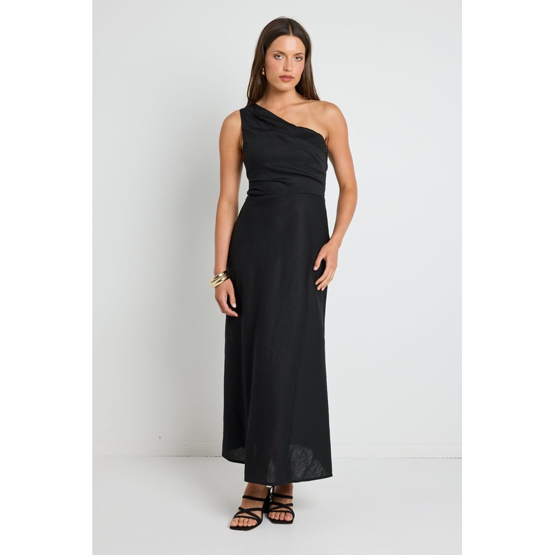 Flirt Black One Shoulder Tuck Midi Dress