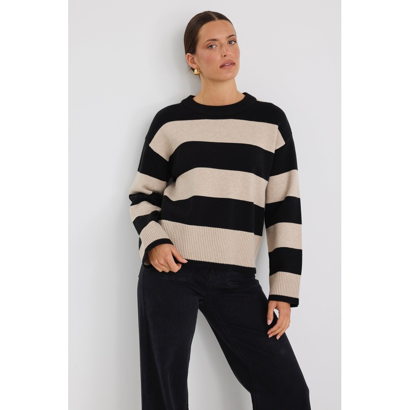 Gravity Black & Stone Stripe Crew Neck Knit Jumper