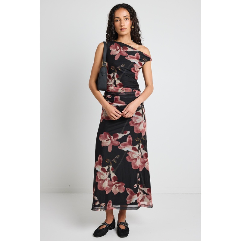 Method Blush Floral Mesh Twist Shoulder Midi Dress