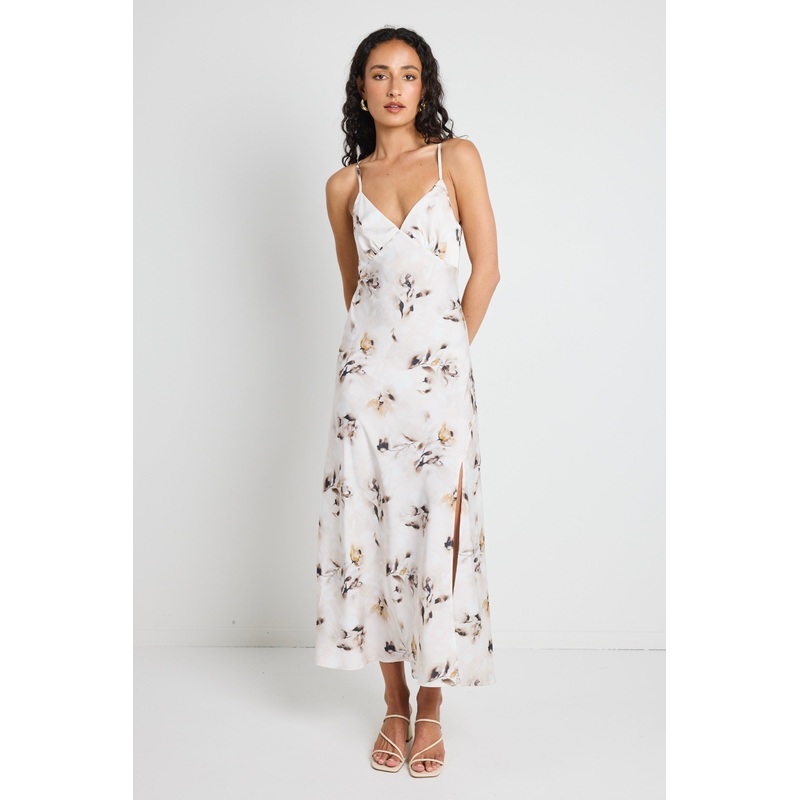 Otherworldly Champagne Floral Satin Bias Slip Midi Dress