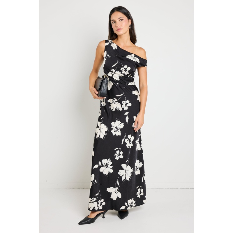 Spotlight Black Floral Satin Off Shoulder Flare Midi Dress
