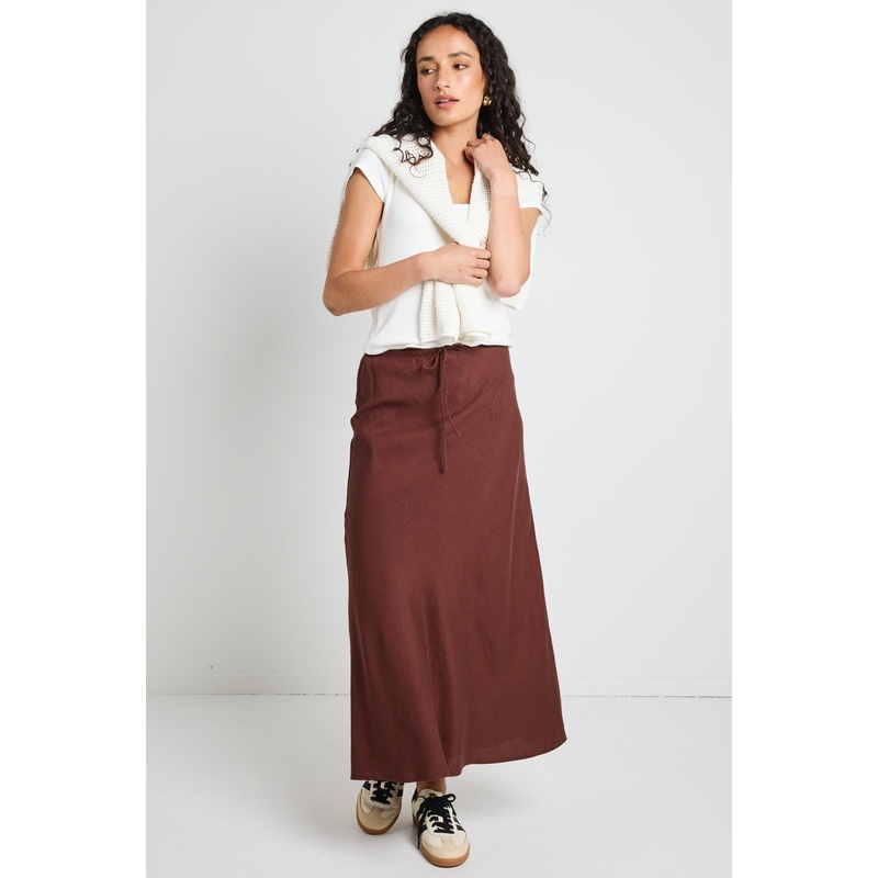 Summit Chocolate Linen Blend Tie Waist Bias Maxi Skirt