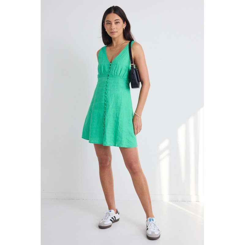 Allora Meadow Green Linen Sleeveless Button Front Mini Dress