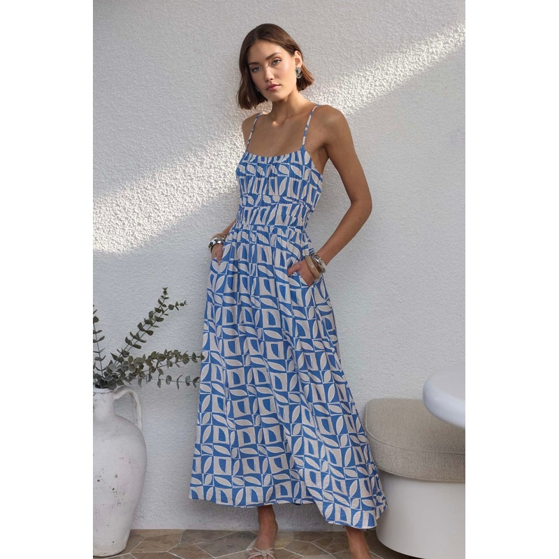 Alto Blue Geo Strappy Midi Sundress