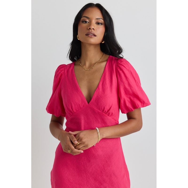Amour Hot Pink Linen Bubble Sleeve Mini Dress