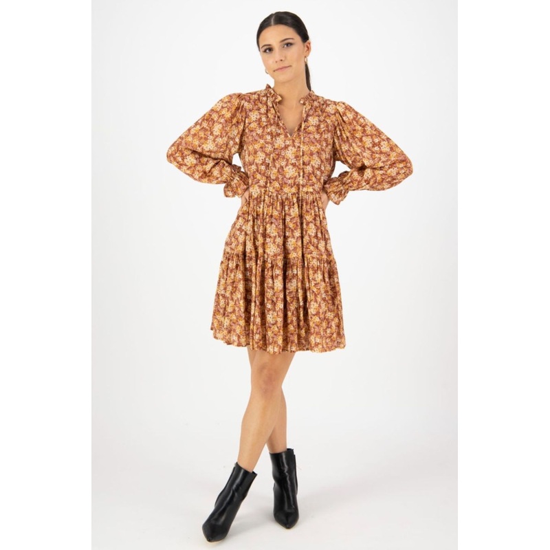 Billie Rust Floral LS Frill V Neck Tiered Mini Dress