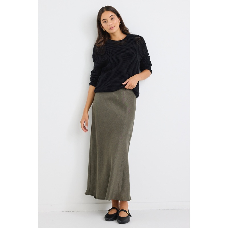 Bliss Khaki Linen Bias Midi Skirt