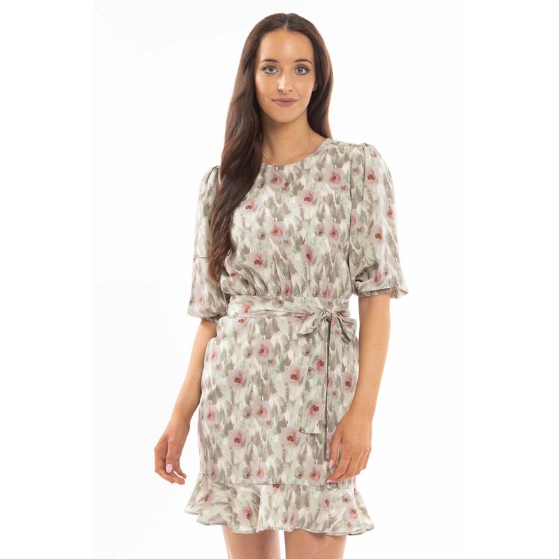 Brilliance Khaki Smudge Frill Hem Tie Waist LS Mini Dress