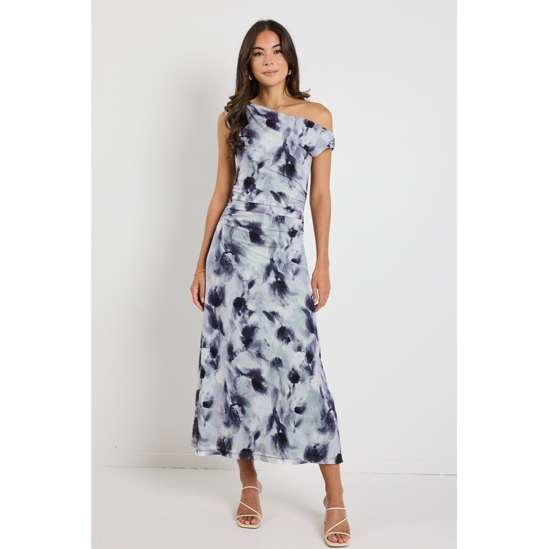 Chemistry Charcoal Smudge Mesh Off Shoulder Maxi Dress