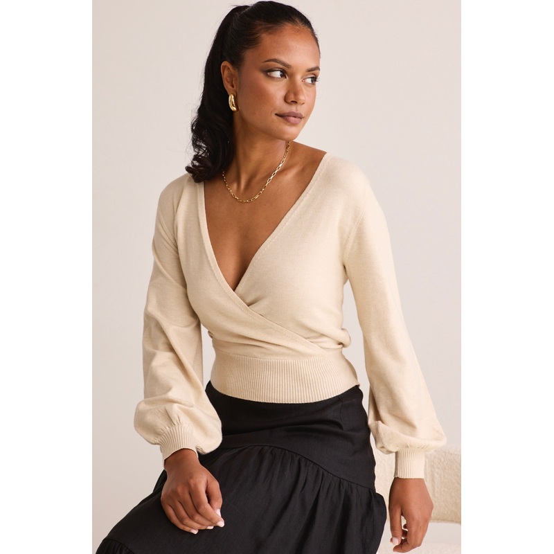 Cross My Heart Oat Ballerina Fine Knit Wrap Cardigan