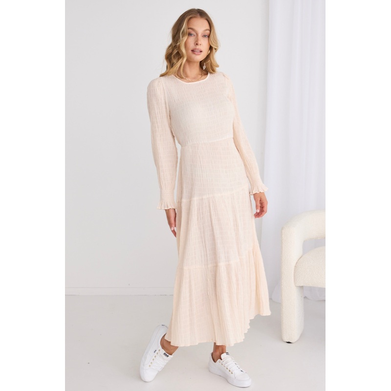 Effortless Ecru LS Shirred Tiered Midi Dress