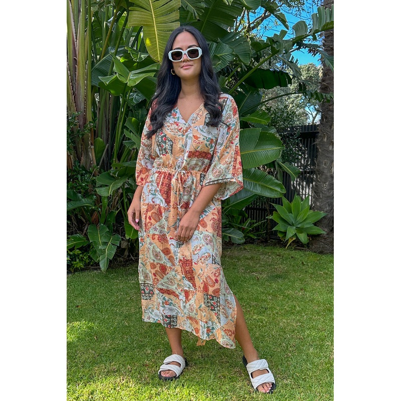 Elba Peach Paisley Mid Sleeve Midi Dress