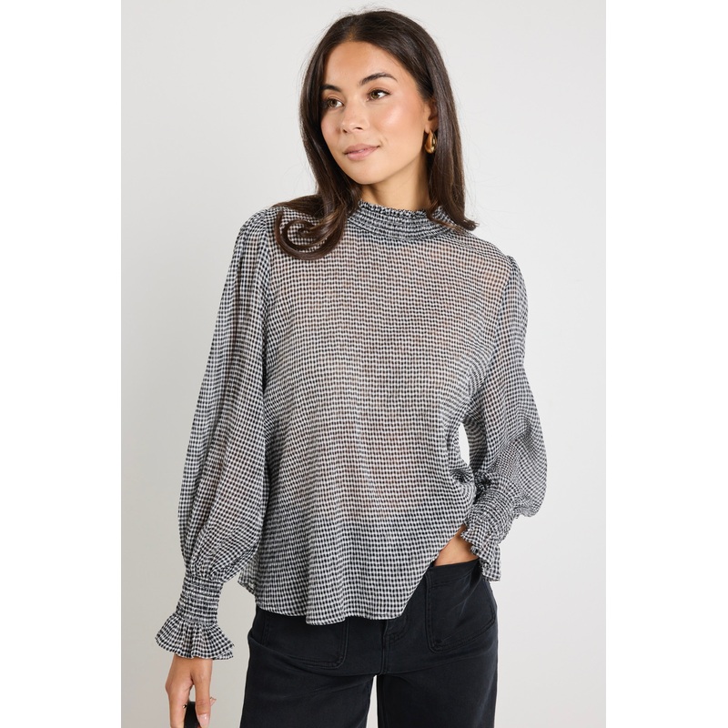 Emphatic Black Gingham Shirred Neck Ls Top