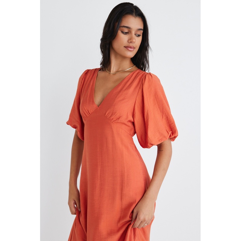 Empire Persimmon Puff Sleeve Midi Dress