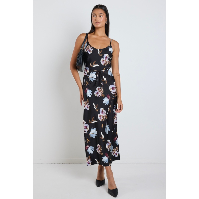Exhibition Black Smudge Floral Satin Bias Flared Maxi Dress