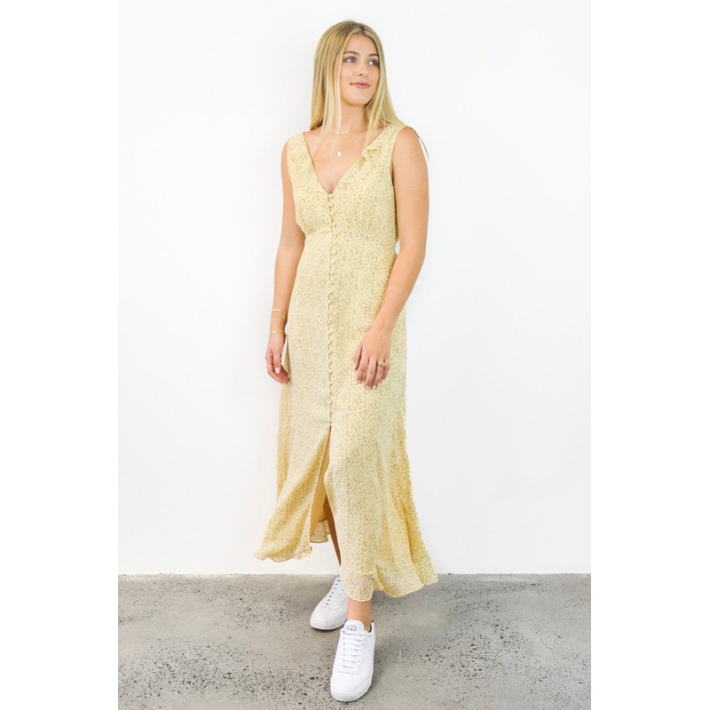 Frill Seeker Golden Ditsy Fleck Georgette Button Front Ruffle Neck Midi Dress