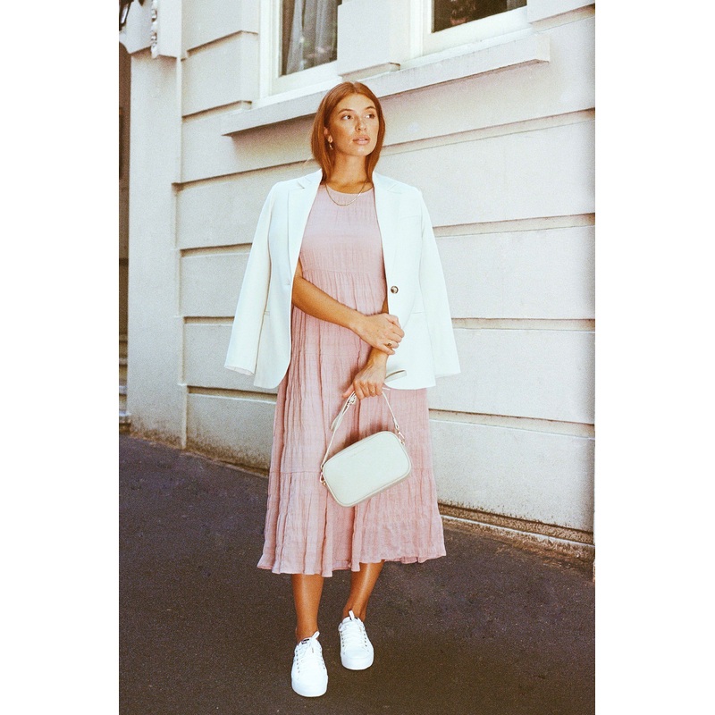 Graceful Blush Shirred Cotton Bubble Sleeve Tiered Maxi Dress