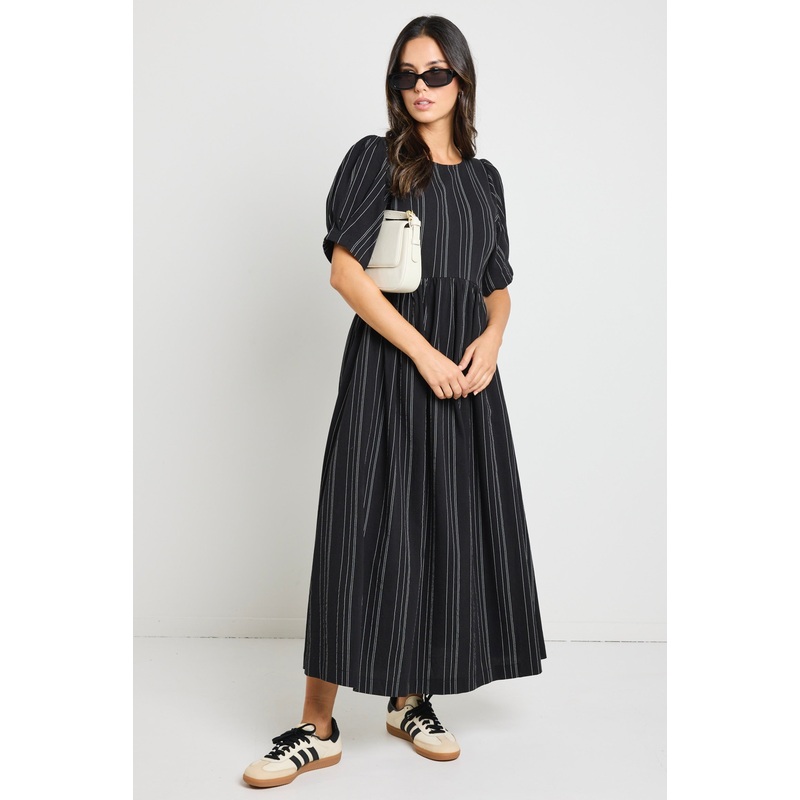 Hemisphere Black Stripe Short Sleeve Relaxed Midi Dress